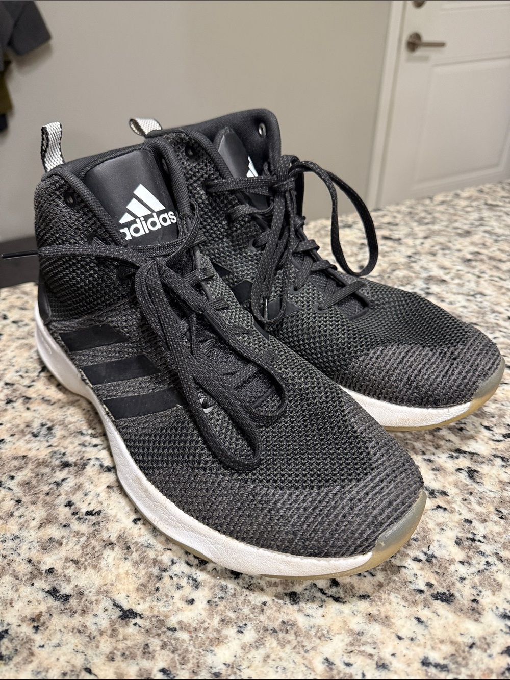 adidas Black/White (with a very subtle moss color inlaid) Knit basketball shoes